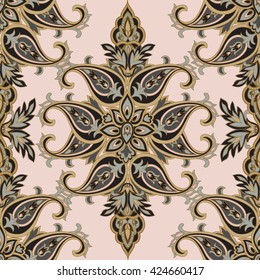 Floral pattern Flourish tiled oriental ethnic background. Arabic ornament with fantastic flowers and leaves. Wonderland motives of the paintings of ancient Indian fabric patterns.