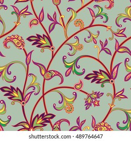 Blumenmuster Blütendes, orientalisches Fliesen, ethnischer Hintergrund. Arabische Ornamente mit fantastischen Blumen und Blättern. Wunderlandmotive der Gemälde alter indischer Stoffmuster.