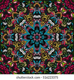 Floral pattern Flourish tiled oriental ethnic background. Arabic ornament with fantastic flowers and leaves. Wonderland motives of the paintings of ancient Indian fabric patterns.