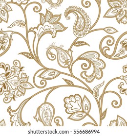 Floral pattern. Flourish tiled oriental ethnic background. Arabic ornament with fantastic flowers and leaves. Wonderland motives of the paintings of ancient Indian fabric patterns.