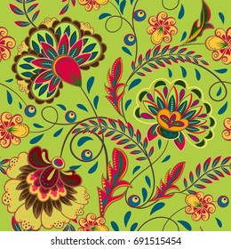Floral pattern Flourish tiled oriental ethnic background. Arabic ornament with fantastic flowers and leaves. Wonderland motives of the paintings of ancient Indian fabric patterns.