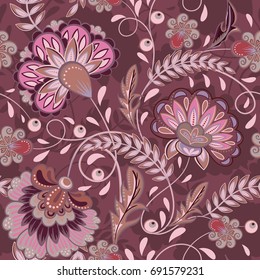 Floral pattern Flourish tiled oriental ethnic background. Purple arabic ornament with fantastic flowers and leaves. Wonderland motives of the paintings of ancient Indian fabric patterns.