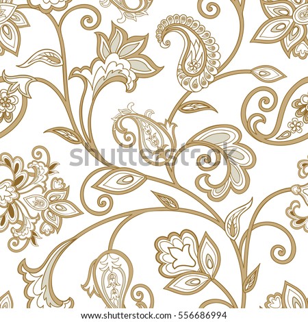 Floral pattern. Flourish tiled oriental ethnic background. Arabic ornament with fantastic flowers and leaves. Wonderland motives of the paintings of ancient Indian fabric patterns.