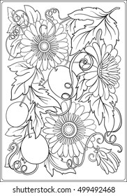 Floral pattern. Flower background. Floral Pattern with hand-drawn flowers. Anti stress coloring book for adult. Outline drawing coloring page