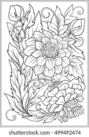 Floral  pattern. Flower background. Floral Pattern with hand-drawn flowers. Anti stress coloring book for adult. Outline drawing coloring page