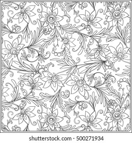 Floral pattern. Flower background. Floral Pattern with hand-drawn flowers. Anti stress coloring book for adult. Outline drawing coloring page.