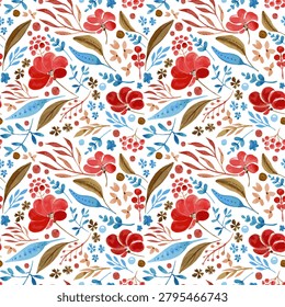 Floral pattern. Flower background. Seamless vector ornament with bright blue red color natural plant element. Repeat botanical textile design