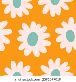 Floral pattern. Flower blossoms, endless background in groovy style. Repeatable print design, repeating texture with summer blooms for cloth, textile, wallpaper. Modern flat vector illustration