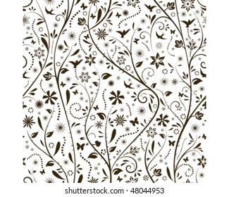 Floral pattern with flower, butterfly and bird silhouettes that tiles seamlessly. Great for spring designs.