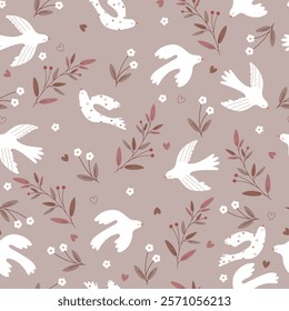 Floral pattern with flower, leaves, bird and hearts. Seamless pattern with hand dtawn dove and hearts for Valentine's Day, fabric, card.