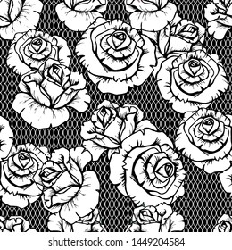 Floral pattern. Flower seamless background. Black and white lourish ornamental roses garden roses