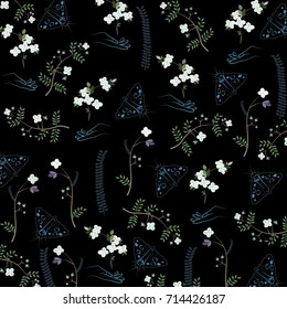 Floral pattern with flower,hand and butterfly.Vintage fashion.Floral romantic black background for textile, fabric, covers, wallpapers, print, gift wrap and t-shirt design.Vector illustration.