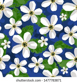 Floral pattern with flowers and Apple leaves on blue background.For textile, wrapping paper,  fabric, Wallpaper-01