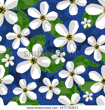Floral pattern with flowers and Apple leaves on blue background.For textile, wrapping paper,  fabric, Wallpaper-01