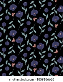 Floral pattern with flowers. Botanical Motifs scattered random. Seamless vector texture. for fashion prints. Printing with in hand drawn style on black background.