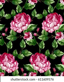 Floral pattern with flowers and branch,Classic big red rose,peony on black background