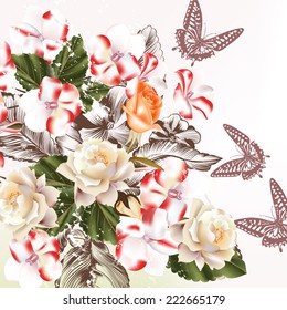 Floral pattern with flowers and butterflies