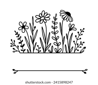 floral pattern with flowers, daisy, chamomile, wildflowers wild herbs, branches with leaves silhouettes and place for text