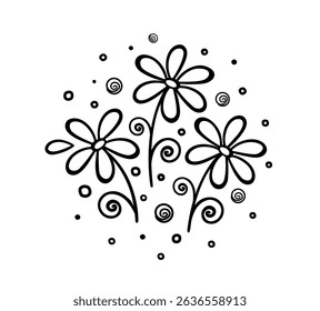 floral pattern with flowers, daisy, wildflowers, wild herbs, branches with leaves silhouettes