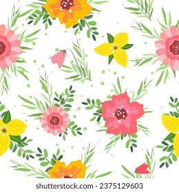 Floral pattern with flowers and herbs on white background.
