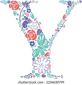 patrón floral con flores y hojas. letra creativa Diseño Y.ilustración vectorial