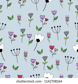 Floral pattern with flowers and leaves, Cute spring flowers seamless on blue background, Vector illustration