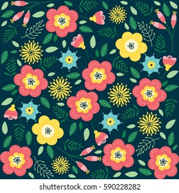 Patrón floral con flores y hojas. Lindo patrón con Pequeñas flores. Ilustración vectorial  
