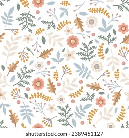 Floral Pattern with Flowers and Leaves on White Background. Vector