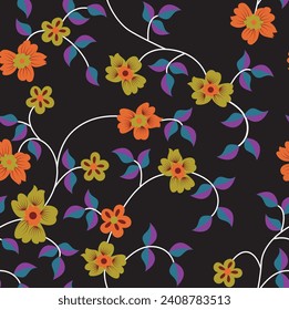 patrón floral de flores y hojas sobre fondo negro