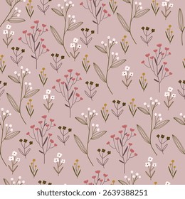 Floral pattern with flowers and leaves, vector illustration. Seamless pattern with hand drawn flowers.