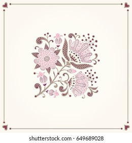 Floral pattern with flowers and leaves. Vector background. Greeting card, ornamental design.