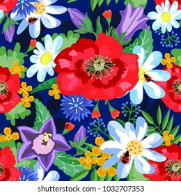 The floral pattern. Flowers meadow bells, poppies, cornflowers, mustard, daisies, on a dark blue background, beetle-soldier. For textiles, Wallpaper, fabric, linen, shawls decoration.Under olden time2