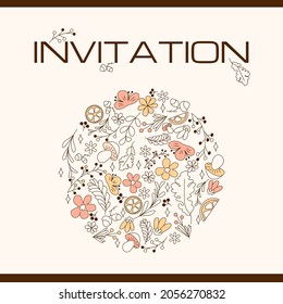 Floral pattern with flowers, mushrooms, oranges, and leaves. Print for holiday poster, greeting card, cover, banner, invitation. Natural fashionable design. Autumn botanical art.
