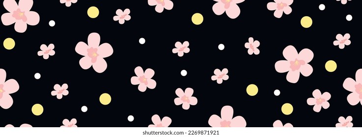 Floral pattern, flowers on a black background, seamless pattern, pink flowers, leaves. background