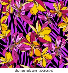 Floral pattern with flowers on an dark animal background. Vector tropical frangipani on a pink stripes zebra background. Hand drawn vector flowers.
