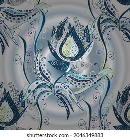 Floral pattern. Flowers on gray, neutral and blue colors. Flourish ornamental spring garden texture. Vector illustration. Flower seamless on gray, neutral and blue colors.