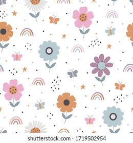 Floral pattern with flowers, rainbow, butterfly and different disign elements.