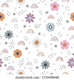 Floral pattern with flowers, rainbow and different disign elements.