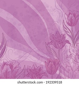 Floral pattern with flowers tulip flowers, leafs and contours on abstract lilac background. Vector eps10, contains transparencies