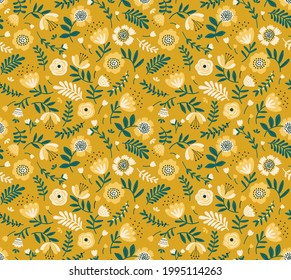 Patrón floral. Flores populares sobre fondo de mostaza. Impresión con flores de color crudo estilizadas. Impresión nacional. Textura vectorial sin inconvenientes. Ramo de primavera. Vector de material.