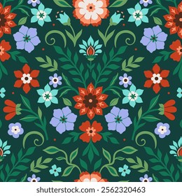 Floral pattern in folk style on green background. Vector graphics.