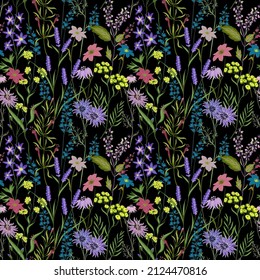 Floral pattern with forest flower.Vintage fashion.Floral romantic black background for textile, fabric, covers, wallpapers, print, gift wrap and t-shirt design.Vector illustration.
