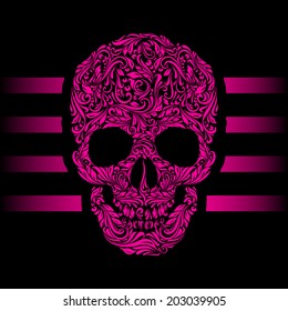 Floral pattern of form pink skull. Pink stripes. Emo