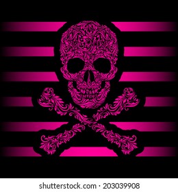 Floral pattern of form pink skull and crossbones. Pink stripes. Emo