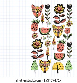 Floral pattern with fox in scandinavian style