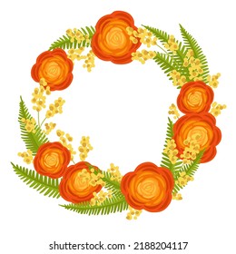 Floral pattern frame with decorative ranunculus flowers, mimosa sprigs and decorative fern. Suitable for invitations, printing on bags, t-shirts, pillows and more.