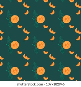Floral pattern with fruits and flowers on the dark green background. Trendy colors. Hand drawn Simple Lines.