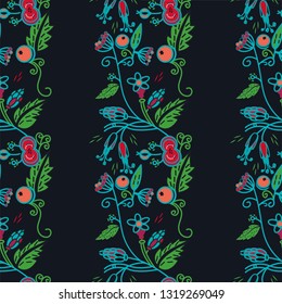 Floral pattern with fruits on doodle style. Bright colors. Vector illustration 