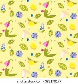 Floral pattern with gentle flowers. Meadow flowers and leaves 