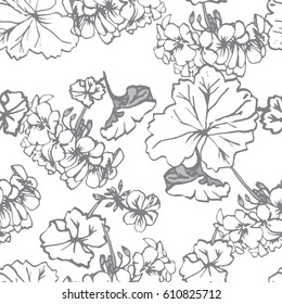 Floral pattern geranium bouquets and leaves background. Hand drawn vector flower elements.